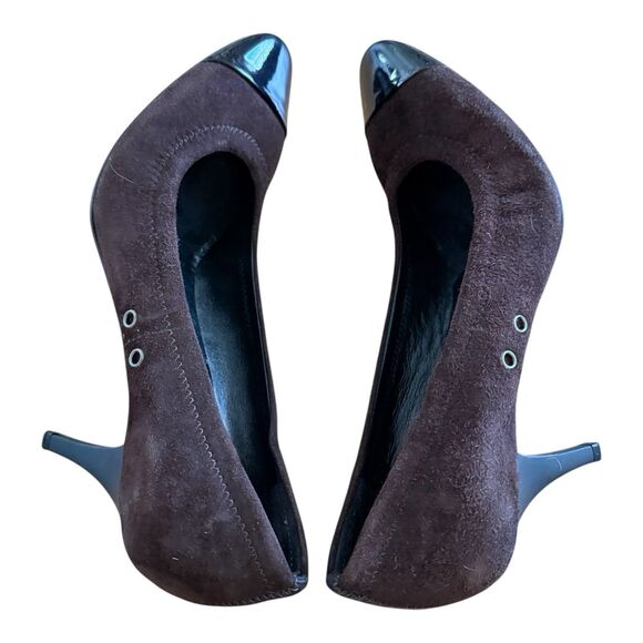 PRADA Brown Suede Black Patent Leather Cap Toe Pumps Heels Size EU 37 - Picture 8 of 10
